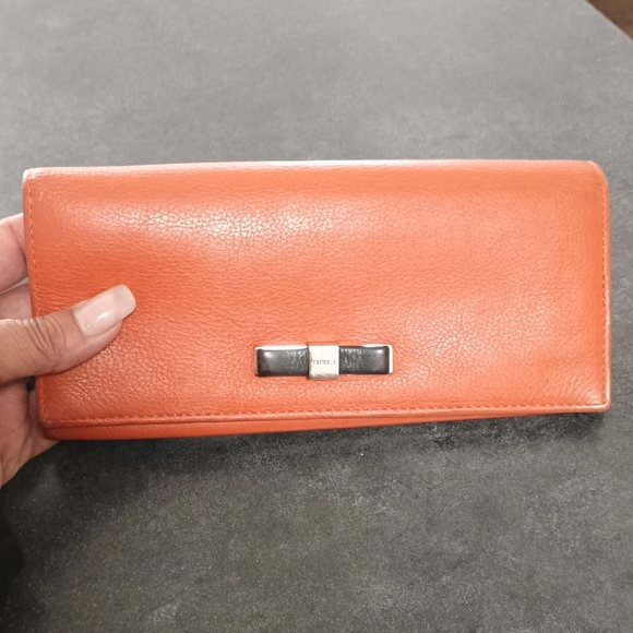 Furla Handbags - Furla Tangerine Pebbled Leather Continental Wallet - Silver Bow Edition GUC